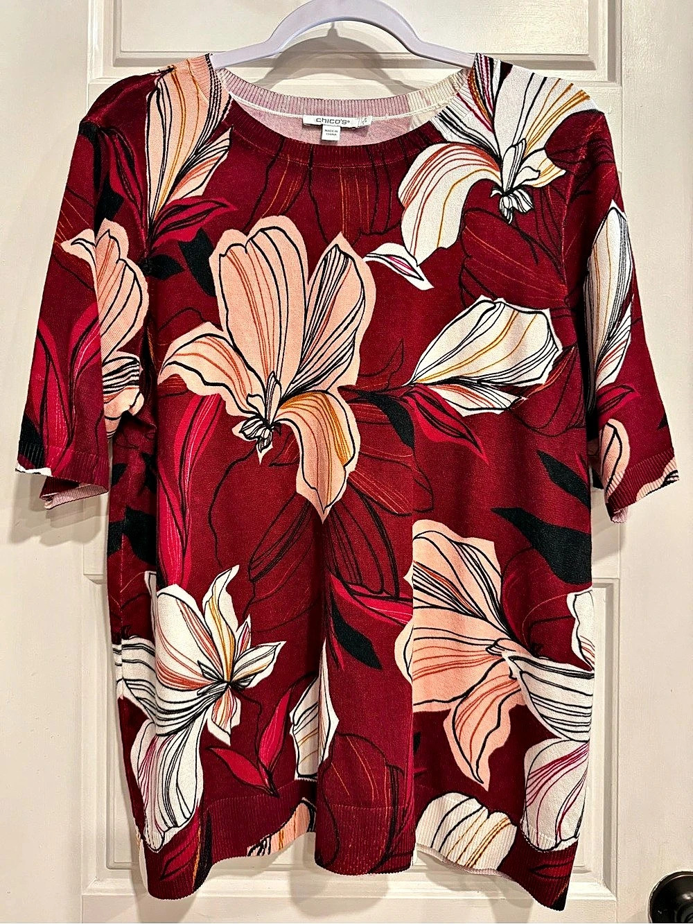 Chico’s Women’s Size Large Burgundy Red Floral Knit Sweater Top 3/4 Sleeve